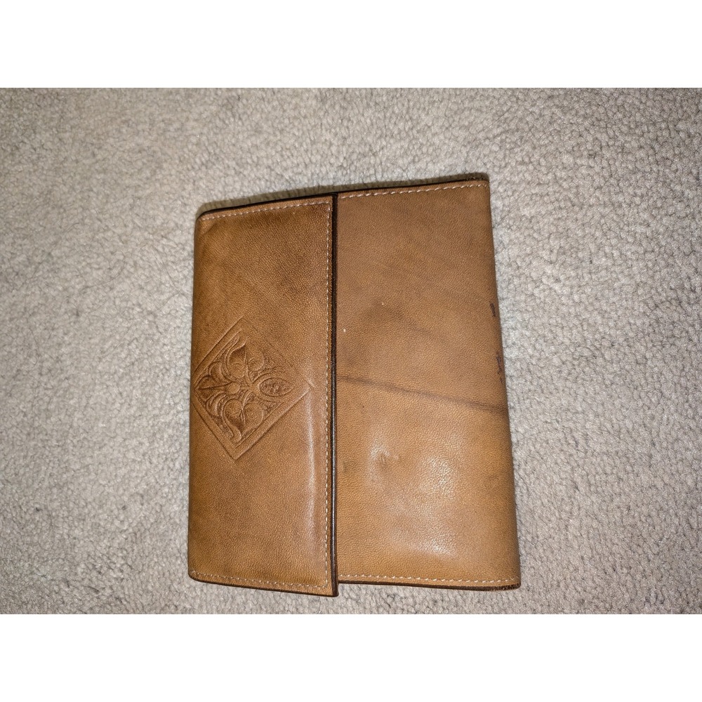 Amity Vintage Tan Cowhide Leather Trifold Wallet‎ Kiss Lock Coin Pouch Embossed